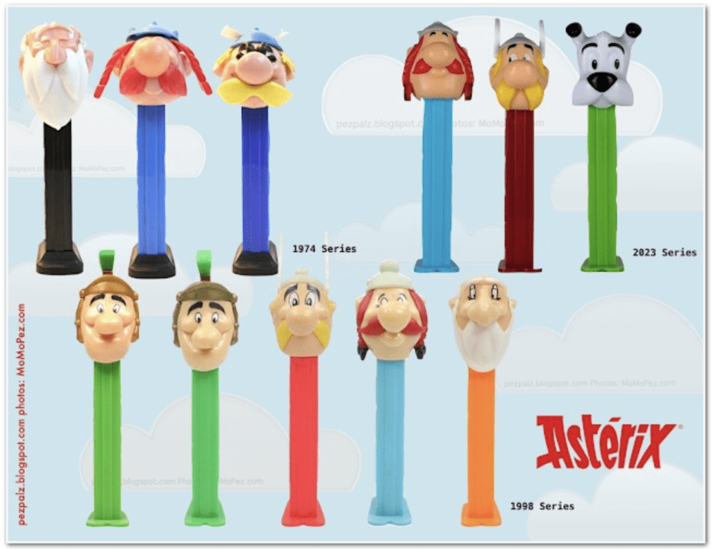 A chronological pictorial of Asterix PEZ dispensers featuring the vintage 1974 series, the 1998 collection, and the modern 2023 series including Asterix, Obelix, Dogmatix, and Getafix.