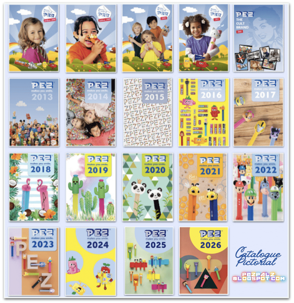 A comprehensive pictorial of PEZ consumer catalogues from 2000 to 2026, showcasing the evolution of cover art, character lineups including Disney and Star Wars, and the changing 'PEZ Makes You Smile' branding.
