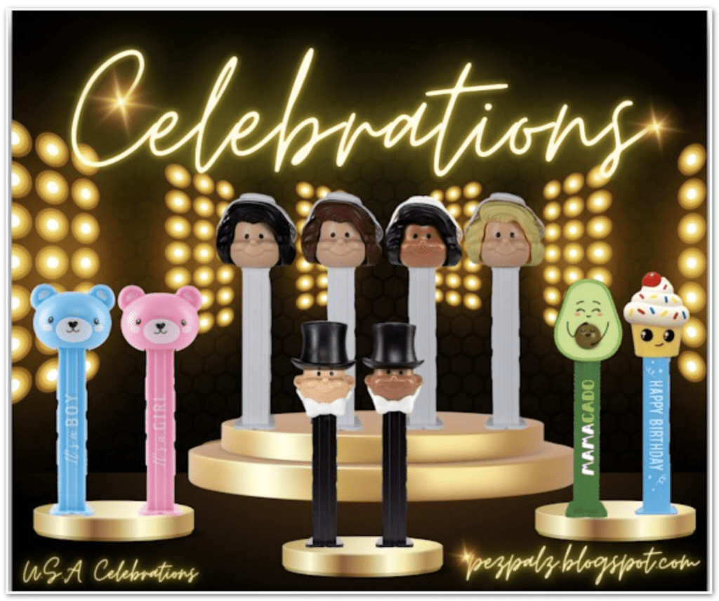 A pictorial of USA Celebrations PEZ dispensers featuring It's a Boy and It's a Girl bears, Bride and Groom sets, the Mamacado avocado, and the Happy Birthday cupcake on a golden stage background.