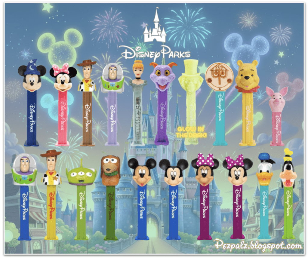 Disney Parks Exclusive: 100 Years of Winnie the Pooh PEZ! A comprehensive pictorial of Disney Parks exclusive PEZ dispensers featuring Mickey, Minnie, Buzz Lightyear, Woody, and Winnie the Pooh, highlighting Glow in the Dark variations and the 2026 'Disney Parks' logo stems.