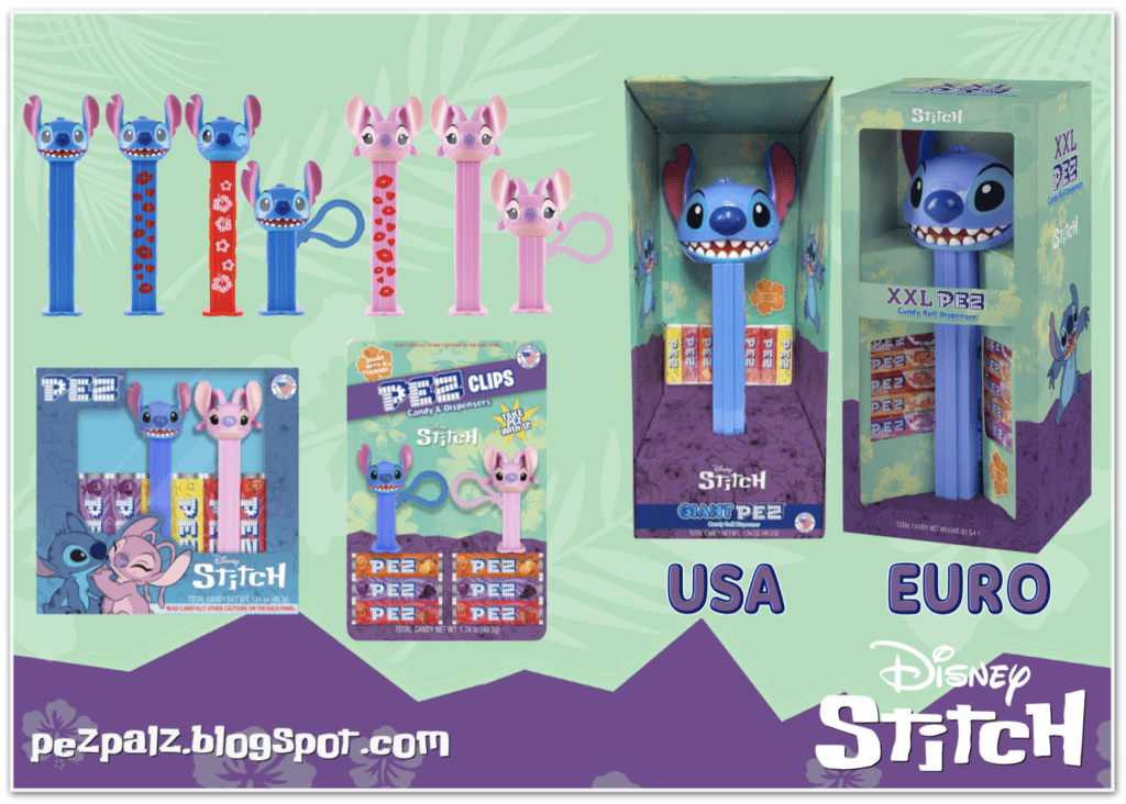 A comprehensive pictorial of Disney Stitch PEZ dispensers featuring standard stems, PEZ Clips, the USA Giant PEZ, and the European XXL PEZ with its distinct blue box packaging.