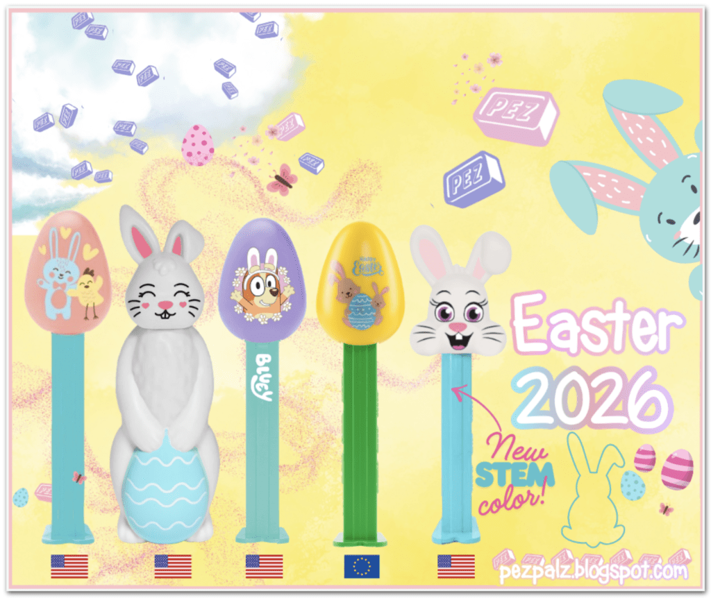 A seasonal pictorial of Easter PEZ dispensers including Bunnies, Chicks, Lambs, variations.