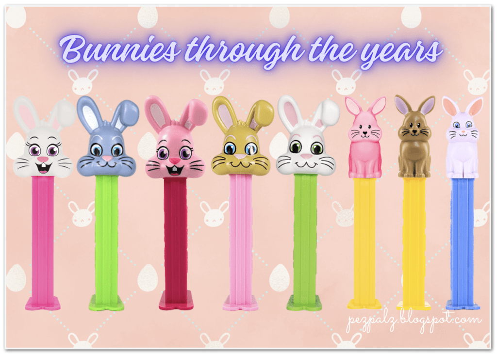 A pictorial of Easter Bunny PEZ dispensers showing character evolution, featuring the classic floppy-ear bunnies, the 2010s neon-stem versions, and the modern pastel and printed-eye designs.