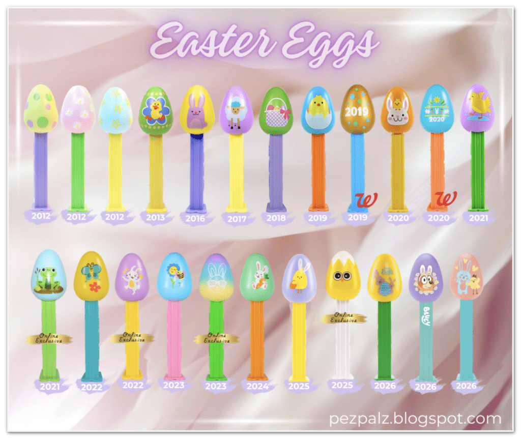 New PEZ Drops: Bluey, Treats, and Easter PEZ are Here! A chronological pictorial of Easter Egg PEZ dispensers from 2012 to 2026, featuring various printed designs, glow-in-the-dark versions, and the 2026 Bluey and Bingo character eggs.