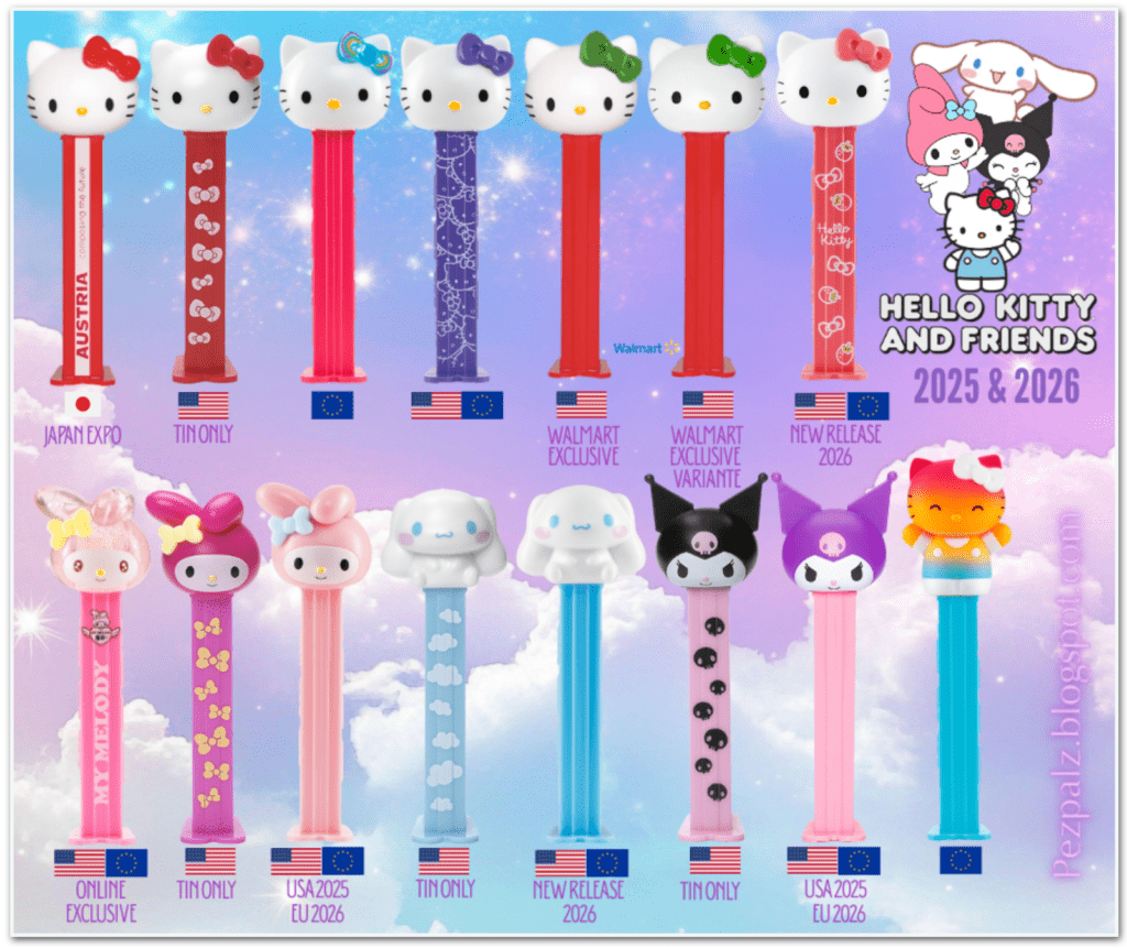 A visual history of Hello Kitty and Sanrio PEZ dispensers featuring various bow colors and My Melody designs.