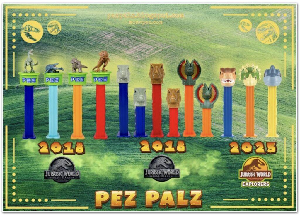 A chronological pictorial of Jurassic World PEZ dispensers from 2015 to 2025, featuring Blue the Raptor, T-Rex, Dilophosaurus, and the 2025 Jurassic World Explorers collection.