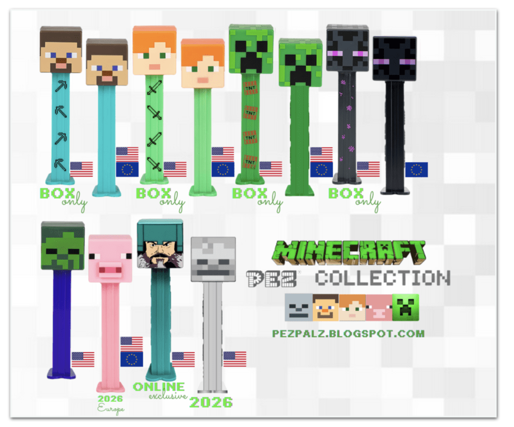 New Level Unlocked: PEZ Adds the Skeleton to Its Minecraft Collection A comprehensive Minecraft PEZ pictorial featuring Steve, Alex, Creeper, and Enderman, including the 2026 Pink Pig, Wolf, and European Online Exclusive Diamond Armor Steve.