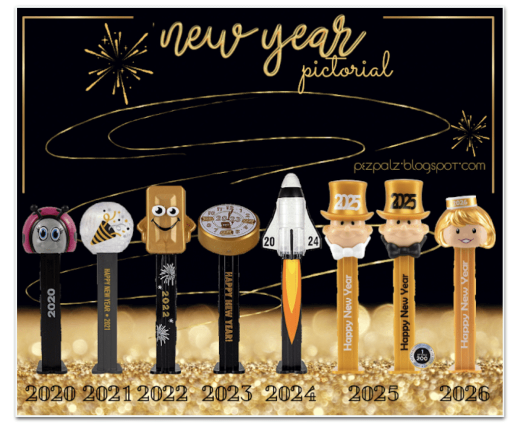Golden PEZ Groom Returns for New Year 2025! A chronological display of New Year PEZ dispensers featuring the PEZ Boy, Presenter Girl, Macscot and others