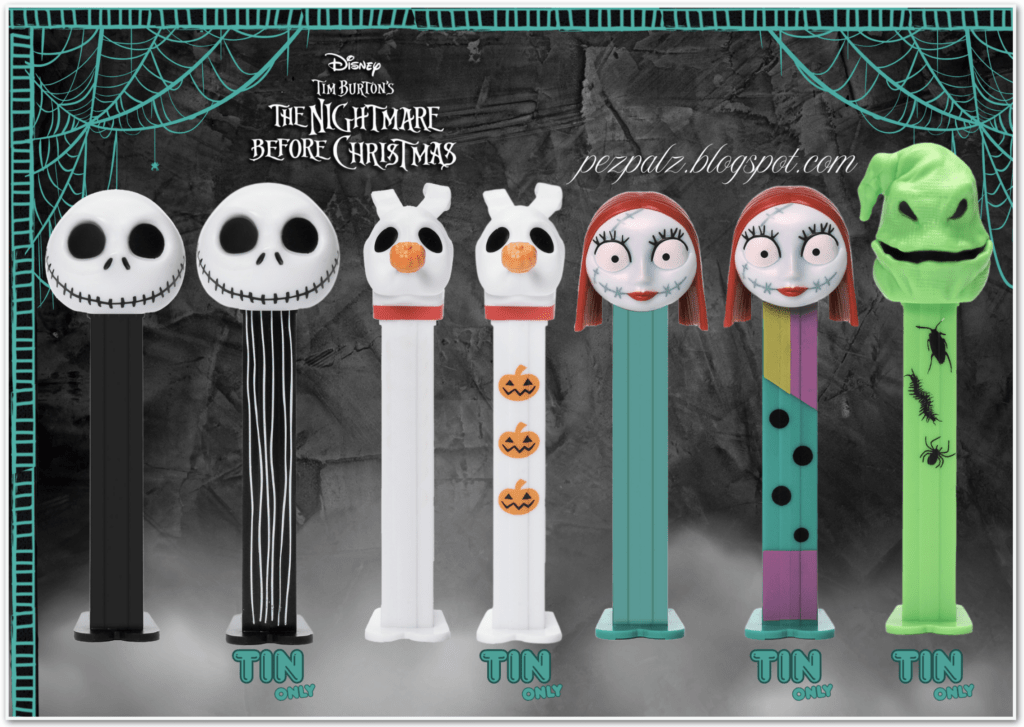 Nightmare Before Christmas PEZ: Jack, Sally & Zero Hit Europe! A pictorial of Nightmare Before Christmas PEZ dispensers featuring Jack Skellington, Sally, Oogie Boogie, and Pumpkin Jack, including the 'Tin Only' exclusive variations.