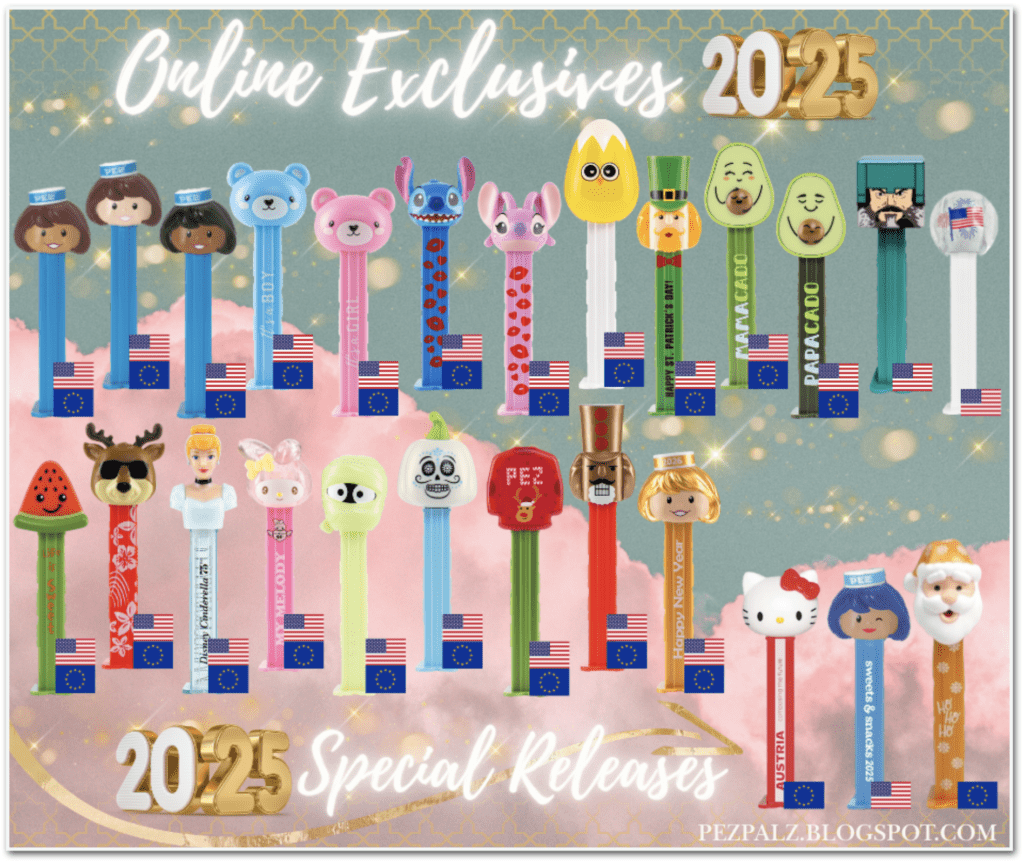 A pictorial of 2024 and 2025 PEZ Online Exclusives featuring the Crystal Stitch, Mama & Papa Avocado, Cinderella 70th Anniversary, and the 2026 Happy New Year Girl.