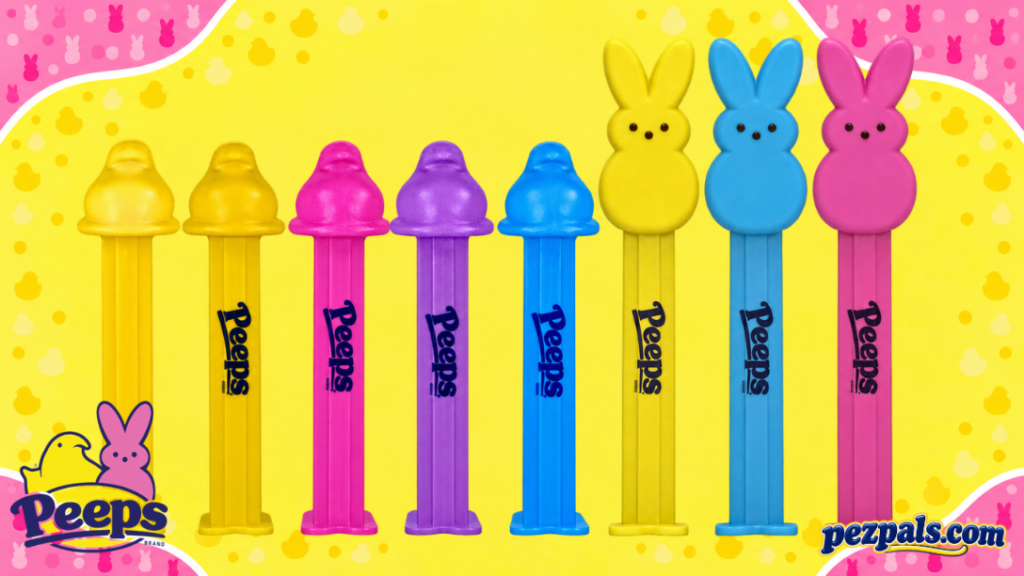 A colorful pictorial of Peeps PEZ dispensers featuring Chick and Bunny designs in yellow, pink, lavender, and blue variations.