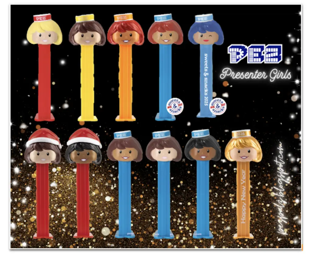 2026 Limited Edition Golden PEZ Presenter Girl A pictorial of PEZ Presenter Girls featuring the Sweets & Snacks 2025 exclusives, Santa hat variations, and the 2026 Happy New Year blonde presenter.