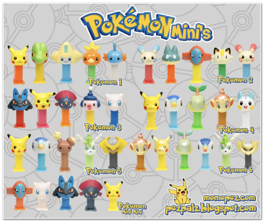 Pokemon 30th Anniversary: New PEZ Dispensers! A detailed pictorial of Pokémon Mini PEZ dispensers from the PEZ Palz blog, showing six different waves of characters including Pikachu, Piplup, Munchlax, and more.