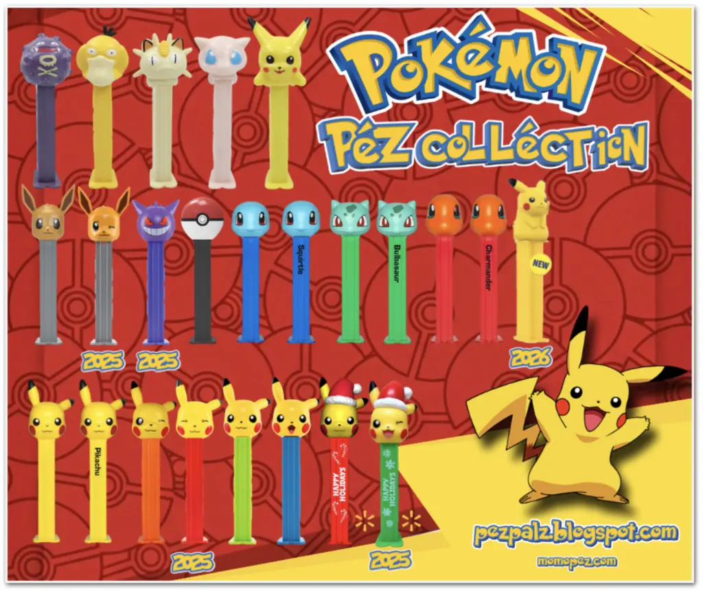 A full pictorial display of Pokémon PEZ dispensers including Pikachu, Bulbasaur, Charmander, and Squirtle variations.