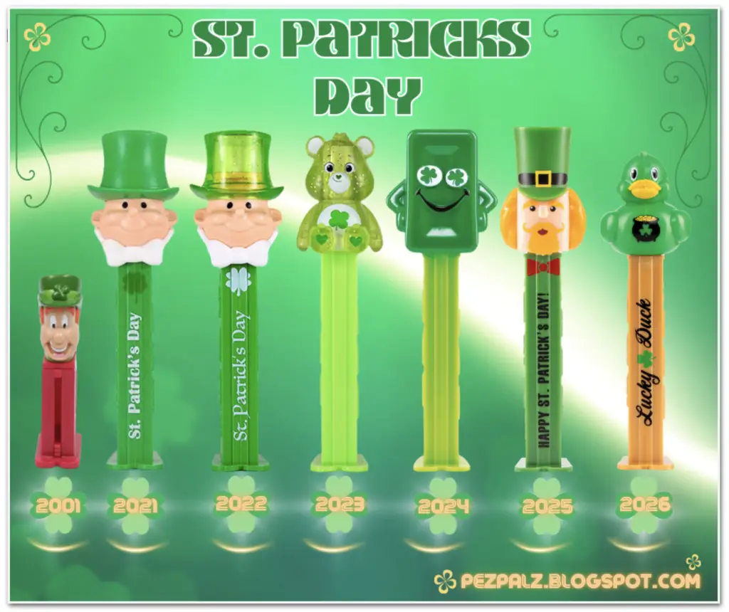 New St. Patrick's Day PEZ Dispenser Has Arrived! A chronological pictorial of St. Patrick's Day PEZ dispensers featuring Leprechauns, Shamrocks, and festive seasonal designs.