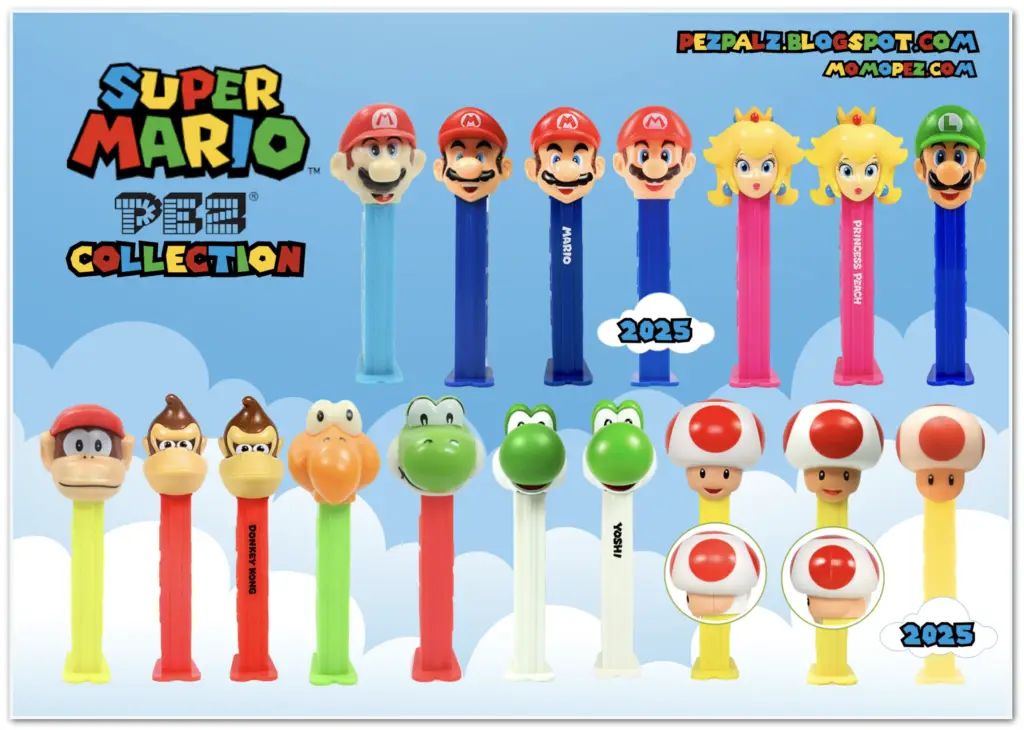 New USA PEZ Arrivals: Alien and Super Mario! A complete pictorial of Super Mario PEZ dispensers featuring Mario, Princess Peach, Luigi, Donkey Kong, Yoshi, and Toad, including the 2025 character updates and stem name variations.
