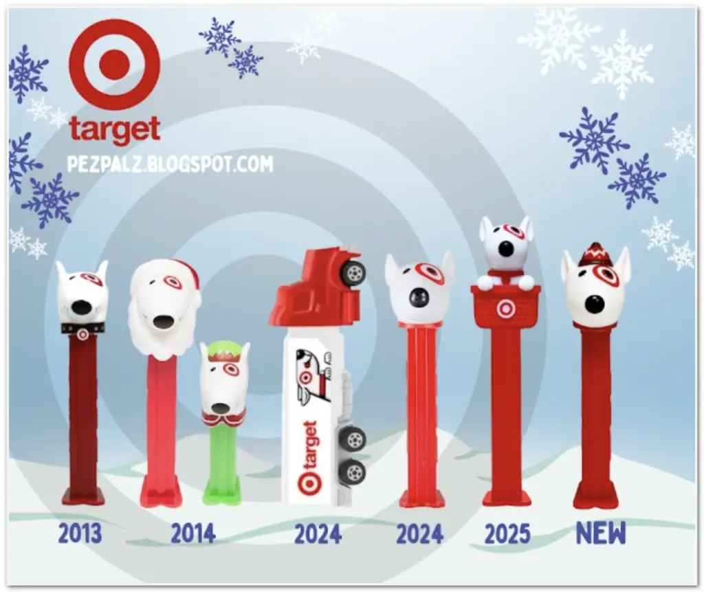 A chronological pictorial of Target Bullseye dog PEZ dispensers from 2013 to 2025, including the Target hauler truck, the mustache Bullseye, and the new 2025 'Bullseye in a red bin' design.