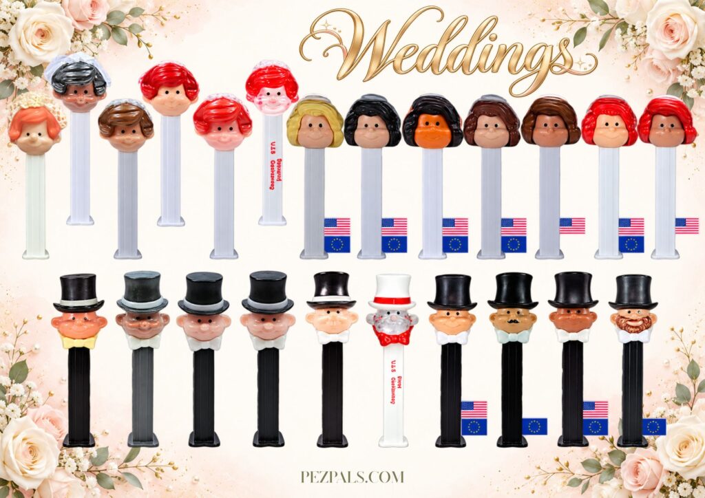 A comprehensive pictorial guide of Wedding PEZ dispensers featuring various Bride and Groom character designs.