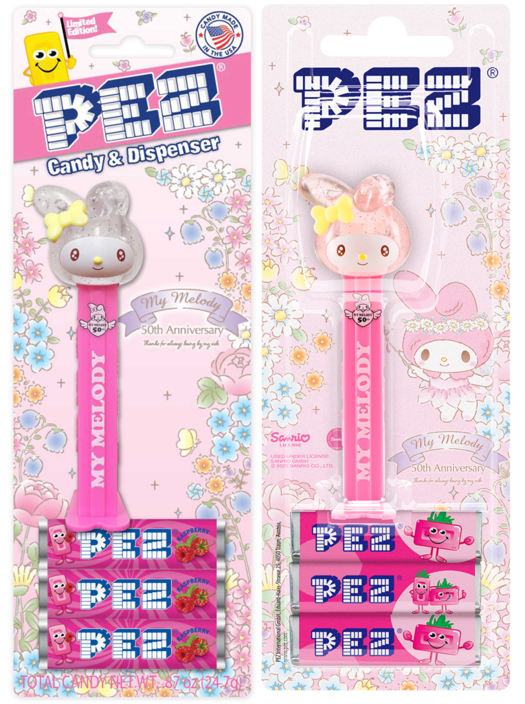 Now Available in Europe! Hello Kitty My Melody Crystal Glitter PEZ 2025 hello kitty crystal my melody pez blistercard usa vs eu