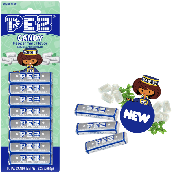 The Classic PEZ Presenter Girl Returns on a Beautiful New Blister Card. 2026 pez peppermint sugar free candy blister usa