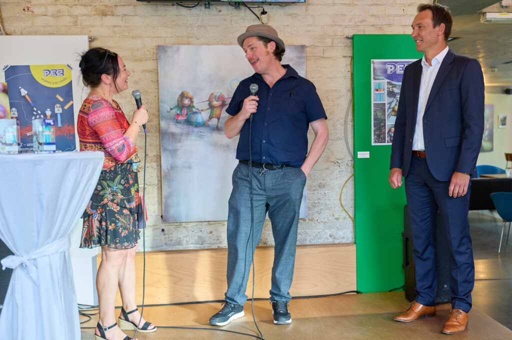 I Attended the World Premiere of the First-Ever PEZ Arts Edition! Karoline Boctor-Radio Wien, Josef Florian Krichbaum, Bernhard Rehrl, Managing Director of the PEZ brand.