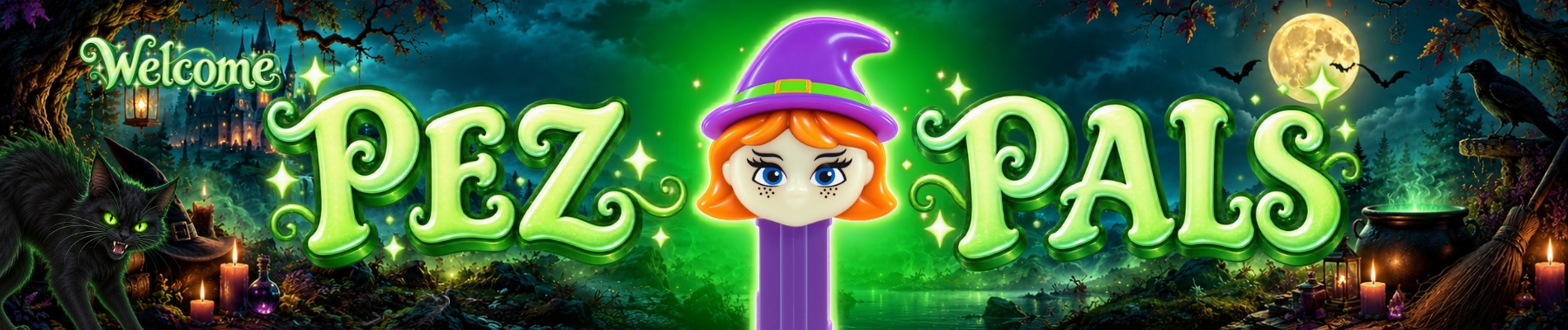 Halloween PEZ Pals banner featuring a Witch PEZ dispenser